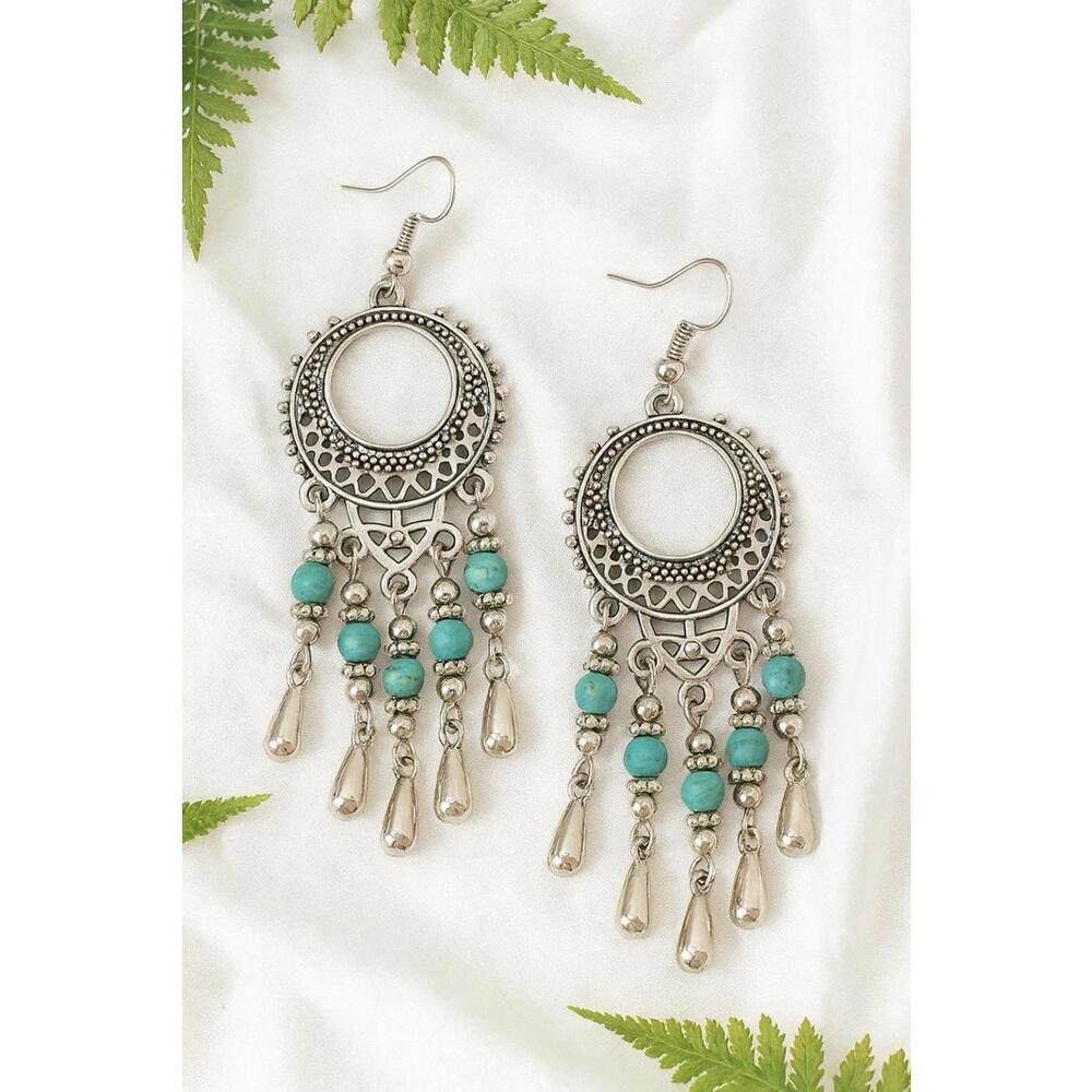 Boho Chandelier 3in Earrings Silver Tone Faux Turquoise Beads Dangle Drop